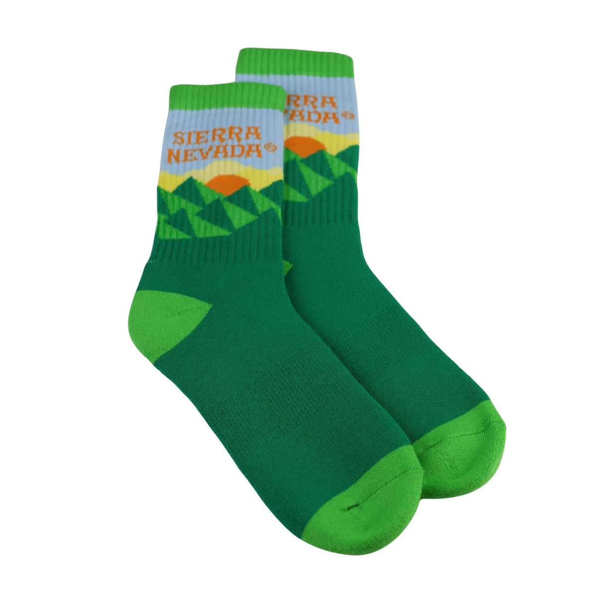 Green socks with mountain design and 'Sierra Nevada' text on a white background