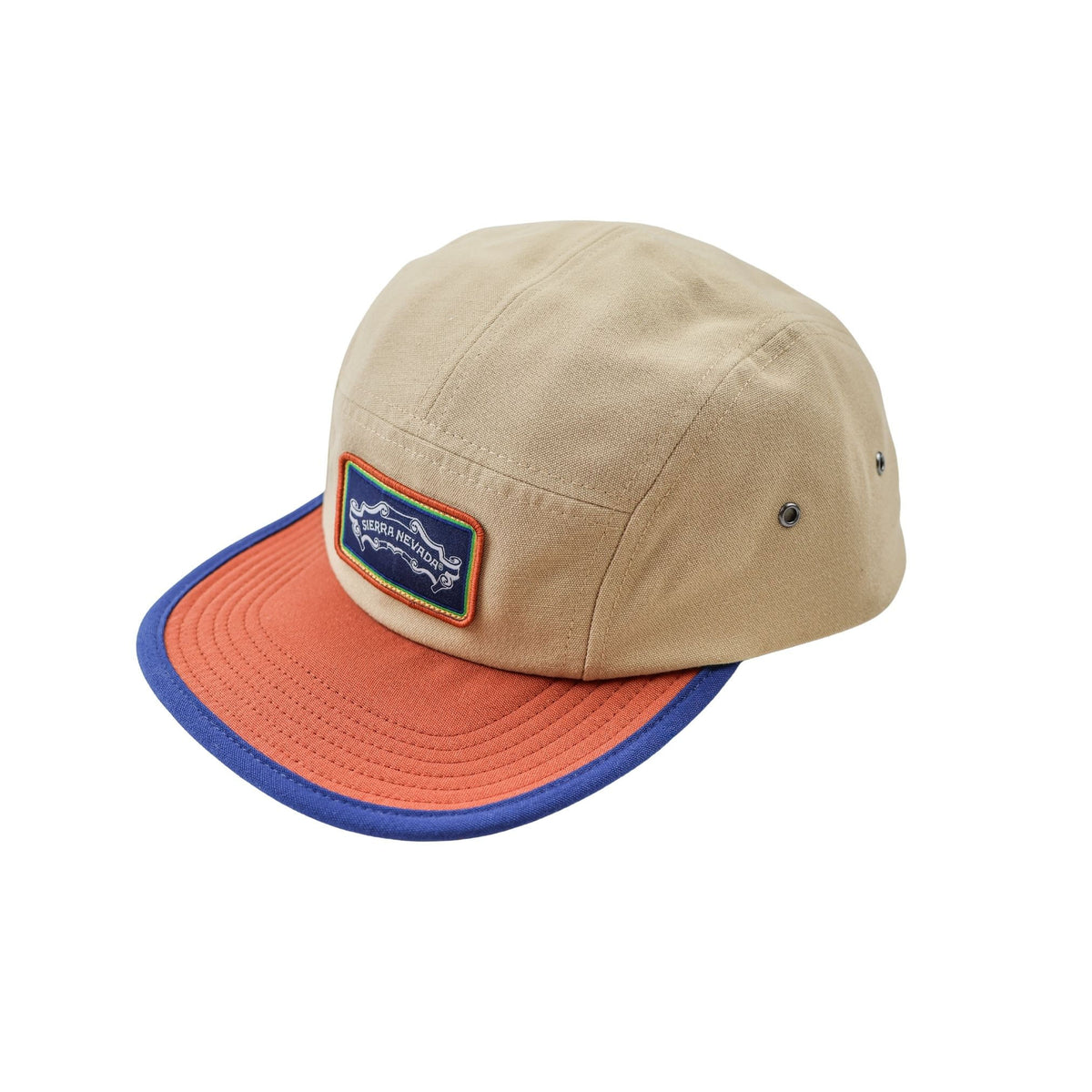 Beige cap with orange brim and blue rim on a white background