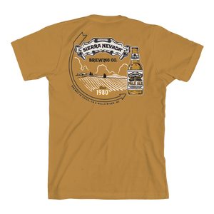 Thumbnail of A mustard yellow short-sleeve t-shirt showing the back, which features a large graphic print of 'Sierra Nevada Brewing Co.' with a beer bottle illustration and a hop field scene.