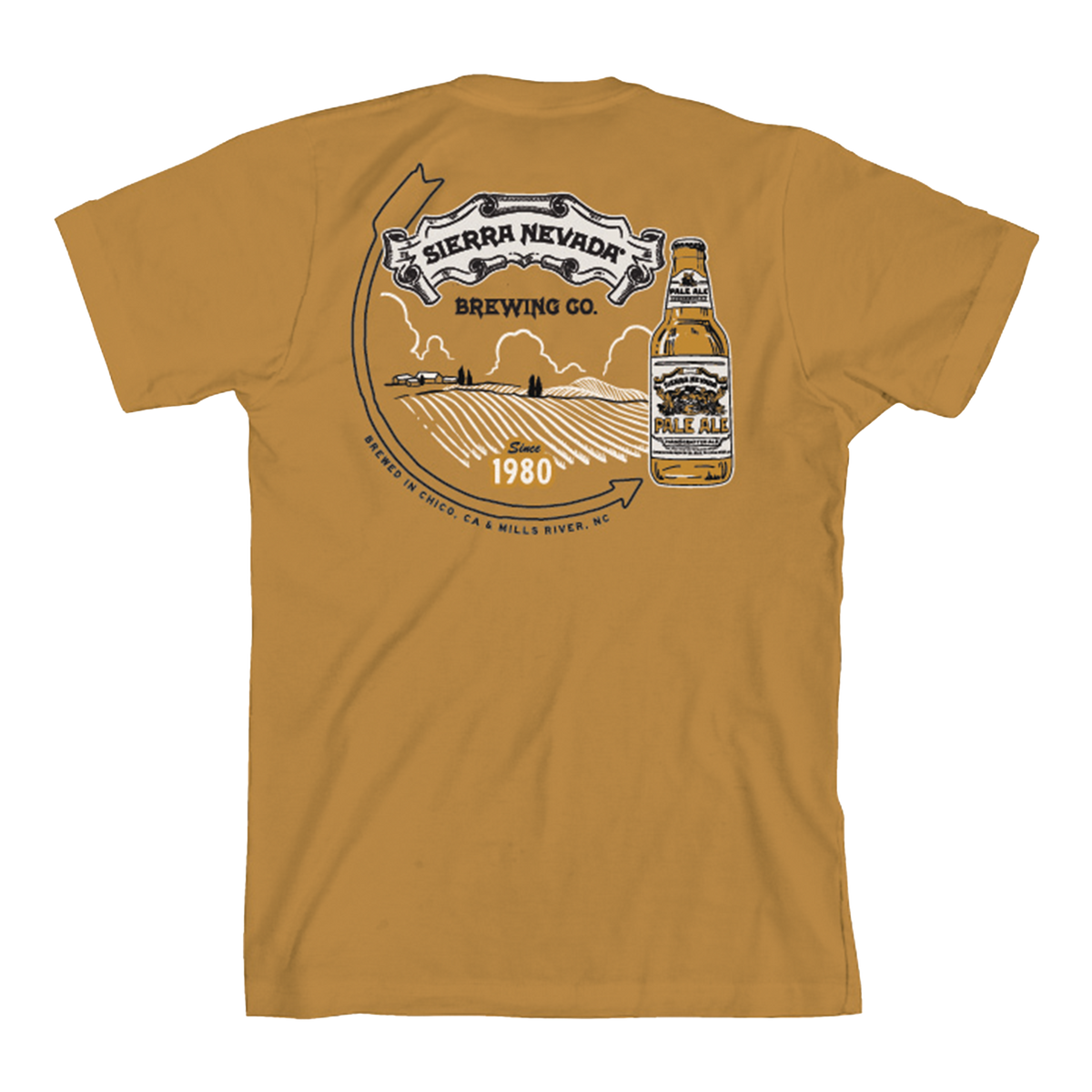 A mustard yellow short-sleeve t-shirt showing the back, which features a large graphic print of 'Sierra Nevada Brewing Co.' with a beer bottle illustration and a hop field scene.