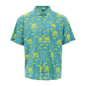 Thumbnail of A short-sleeve button-up shirt with a teal blue base and a bright yellow all-over retro graphic print featuring cartoon characters, stars, and dots, shown on a plain white background.