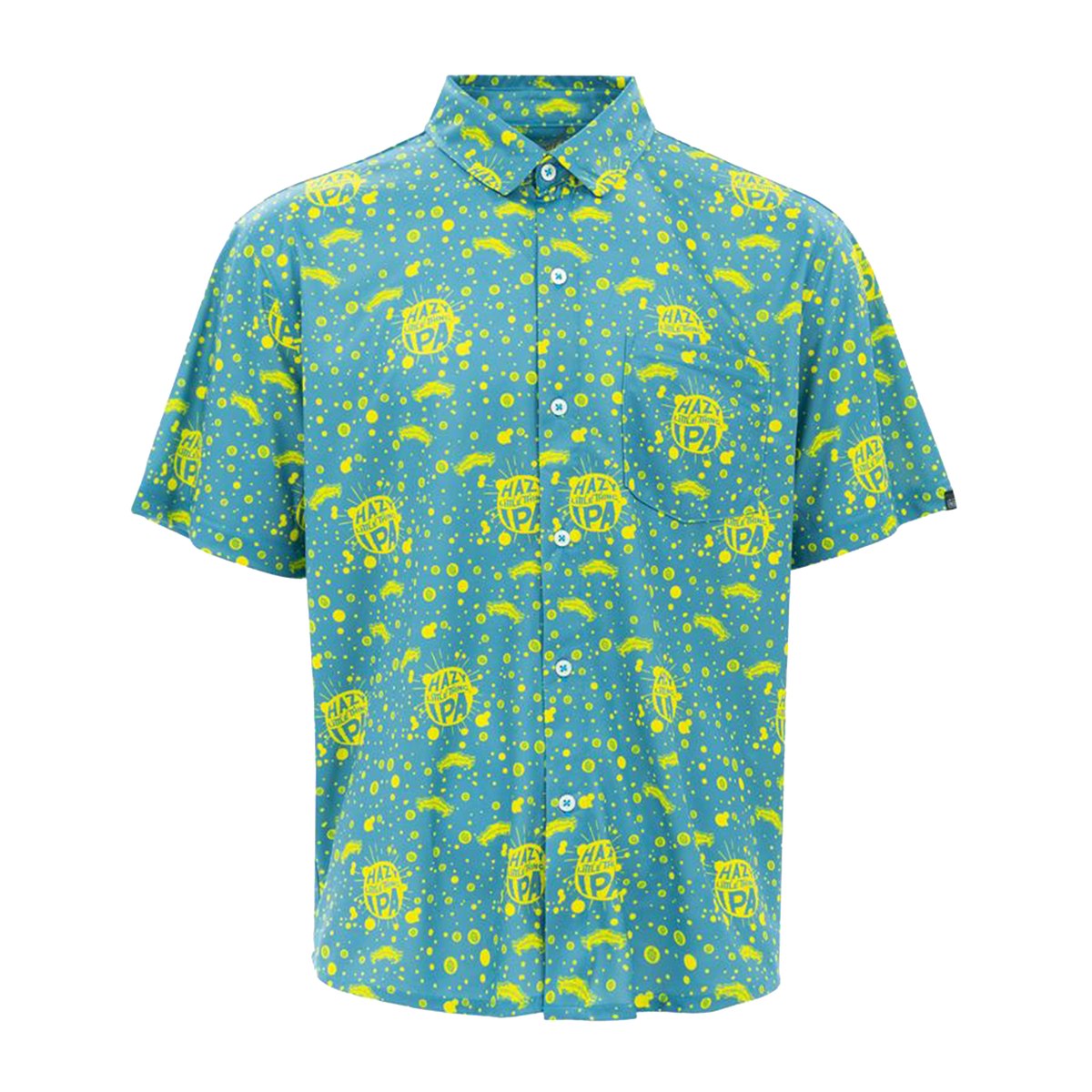 A short-sleeve button-up shirt with a teal blue base and a bright yellow all-over retro graphic print featuring cartoon characters, stars, and dots, shown on a plain white background.