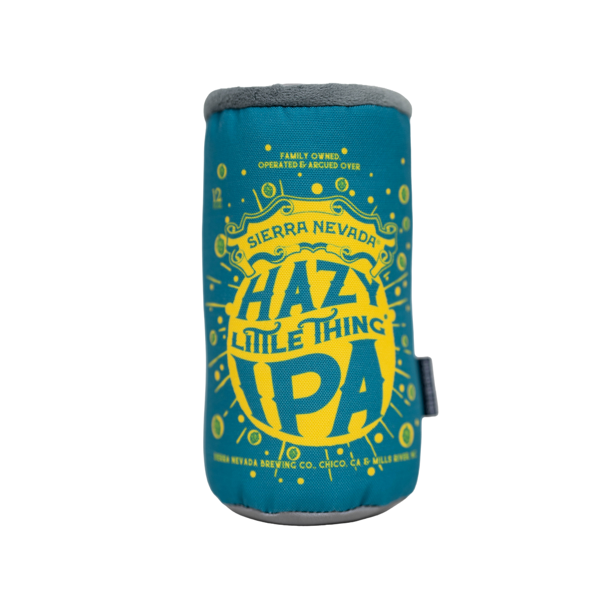 A teal and yellow can-shaped plush dog toy featuring the 'Hazy Little Thing IPA' logo from Sierra Nevada, shown on a plain white background.