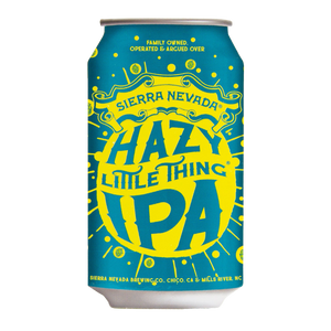 Thumbnail of A can sticker of Sierra Nevada Hazy Little Thing IPA, featuring a vibrant blue and yellow label design on a plain white background.