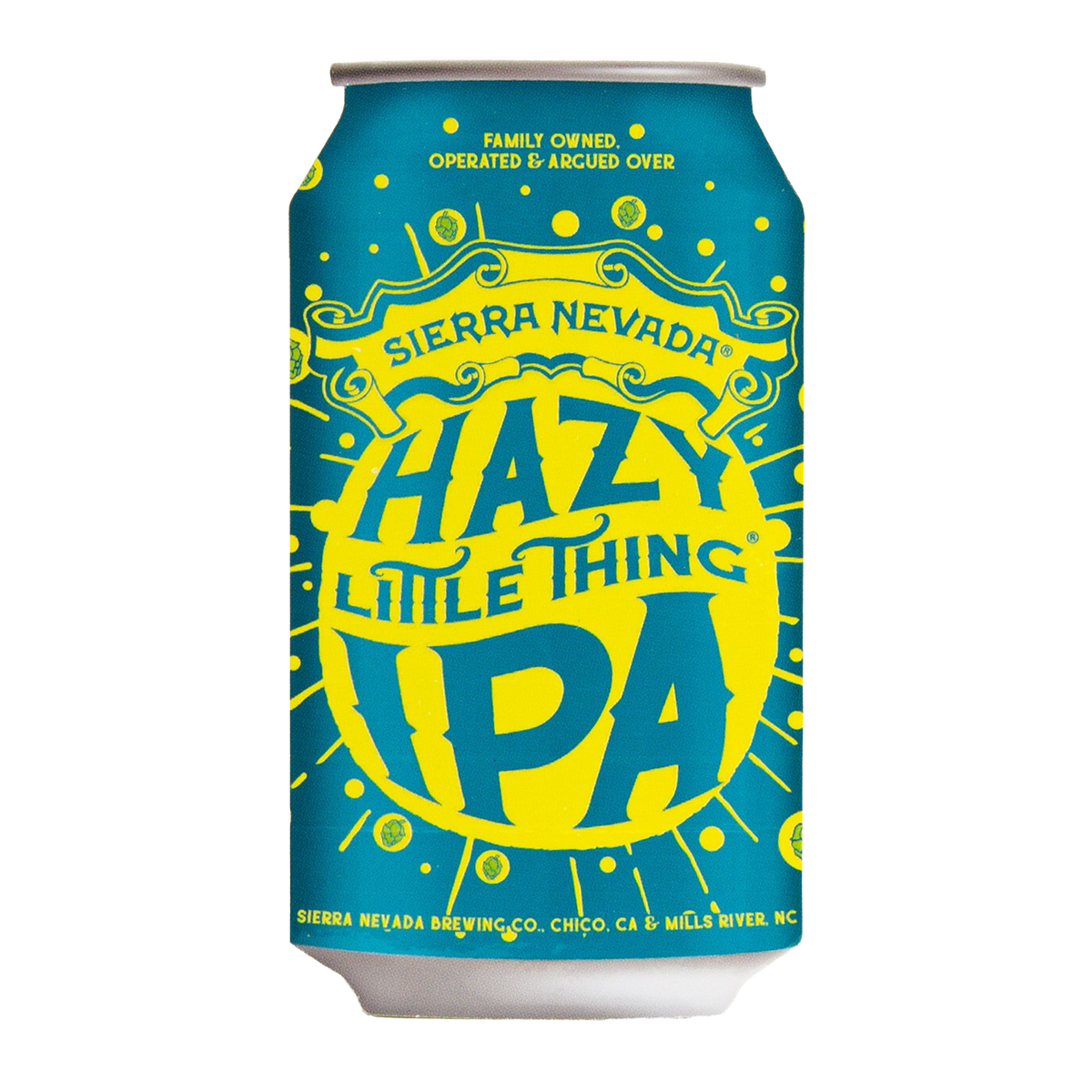 A can sticker of Sierra Nevada Hazy Little Thing IPA, featuring a vibrant blue and yellow label design on a plain white background.