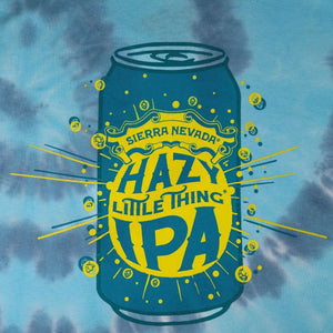 Thumbnail of Tie-dye t-shirt with Sierra Nevada Hazy Little Thing IPA can graphic on a blue and purple tie-dye background