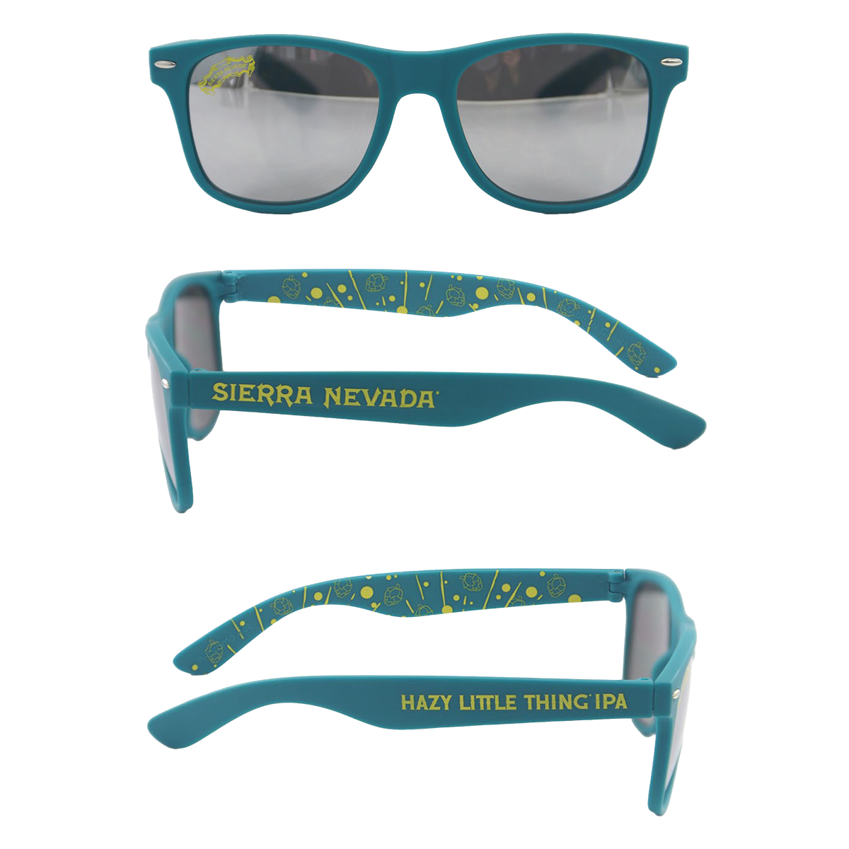 Three views of teal sunglasses with gray mirrored lenses, featuring yellow text and graphics. The top view shows the front frame, the middle view shows the left temple with 'SIERRA NEVADA' in yellow, and the bottom view shows the right temple with 'HAZY LITTLE THING IPA' in yellow.