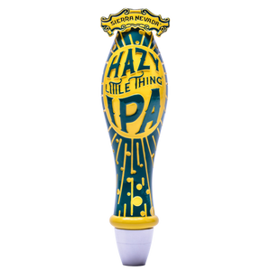 Thumbnail of A novelty beer tap handle featuring the 'Hazy Little Thing IPA' design from Sierra Nevada, with a yellow and teal body and a white plastic base, isolated on a white background.