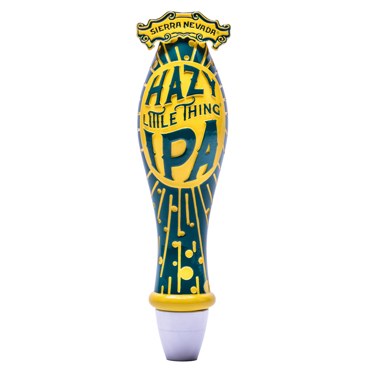 A novelty beer tap handle featuring the 'Hazy Little Thing IPA' design from Sierra Nevada, with a yellow and teal body and a white plastic base, isolated on a white background.