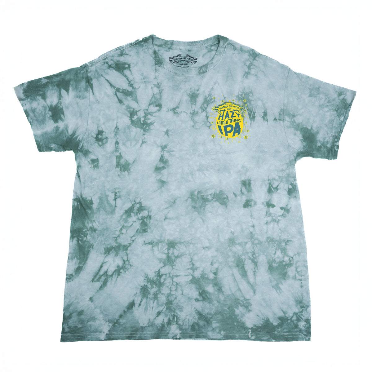 Tie-dye t-shirt with a logo on the chest against a white background