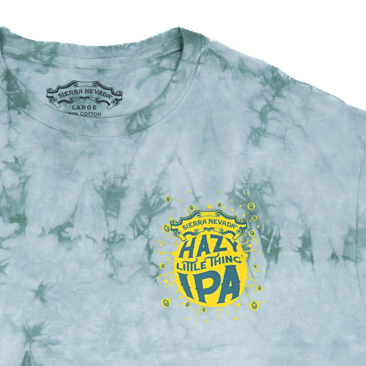 Tie-dye t-shirt with Sierra Nevada beer logo and text on a white background