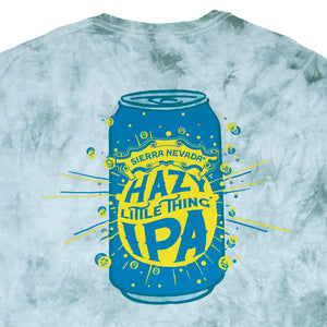 Thumbnail of T-shirt with Sierra Nevada Hazy Little Thing IPA can graphic on a tie-dye background