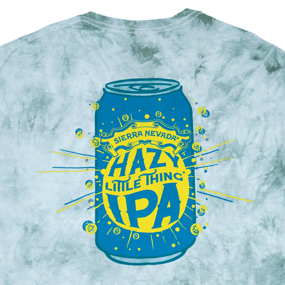 T-shirt with Sierra Nevada Hazy Little Thing IPA can graphic on a tie-dye background