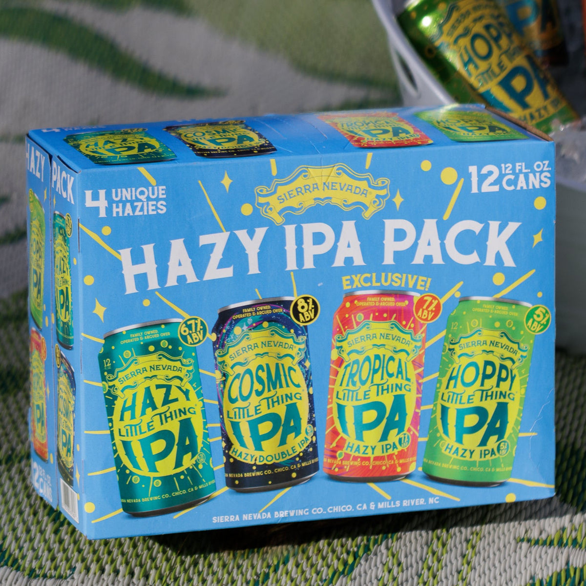 Sierra Nevada Hazy IPA Pack on a table in front of a bucket of ice with cans chilling