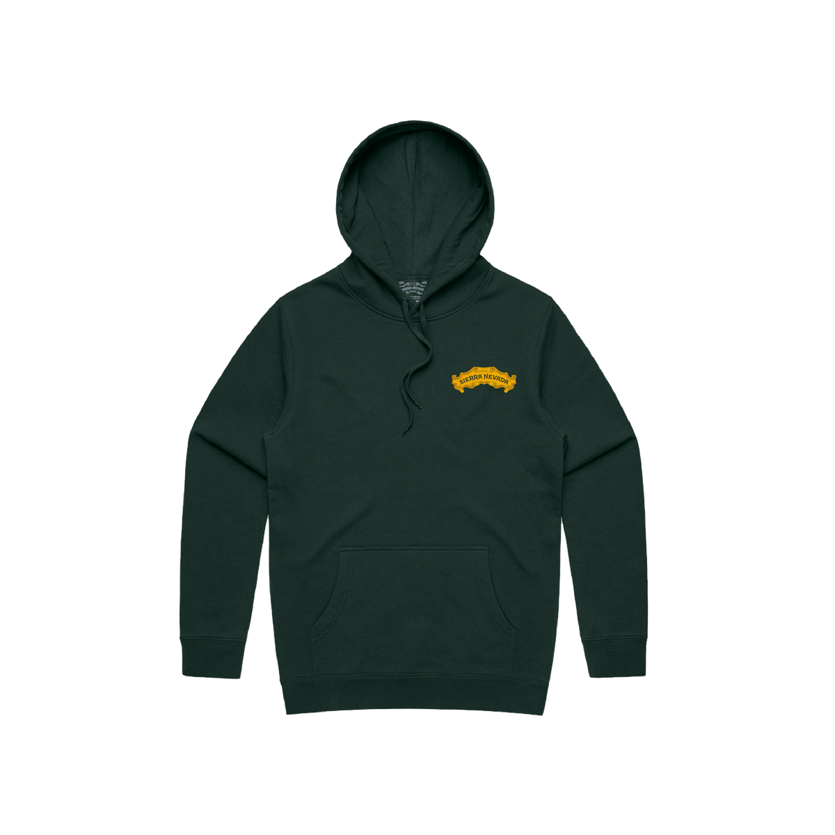 Green hoodie with a yellow logo on a white background