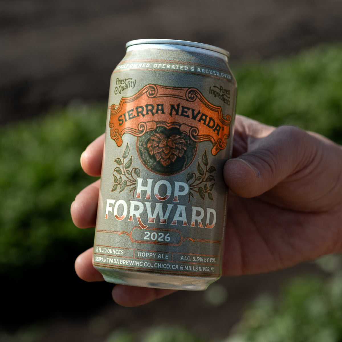 Hand holding a Sierra Nevada Hop Forward 2026 beer can with a blurred green background