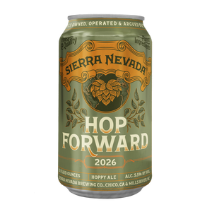 Thumbnail of A single aluminum beer can for Sierra Nevada Hop Forward 2026, shown on a plain white background. The can is olive green with large cream lettering and tan/gold decorative graphics, including a hop illustration in the center.