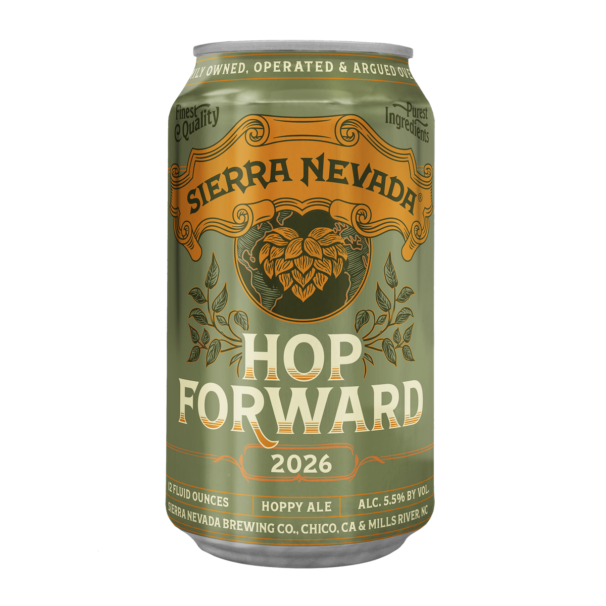 A single aluminum beer can for Sierra Nevada Hop Forward 2026, shown on a plain white background. The can is olive green with large cream lettering and tan/gold decorative graphics, including a hop illustration in the center.