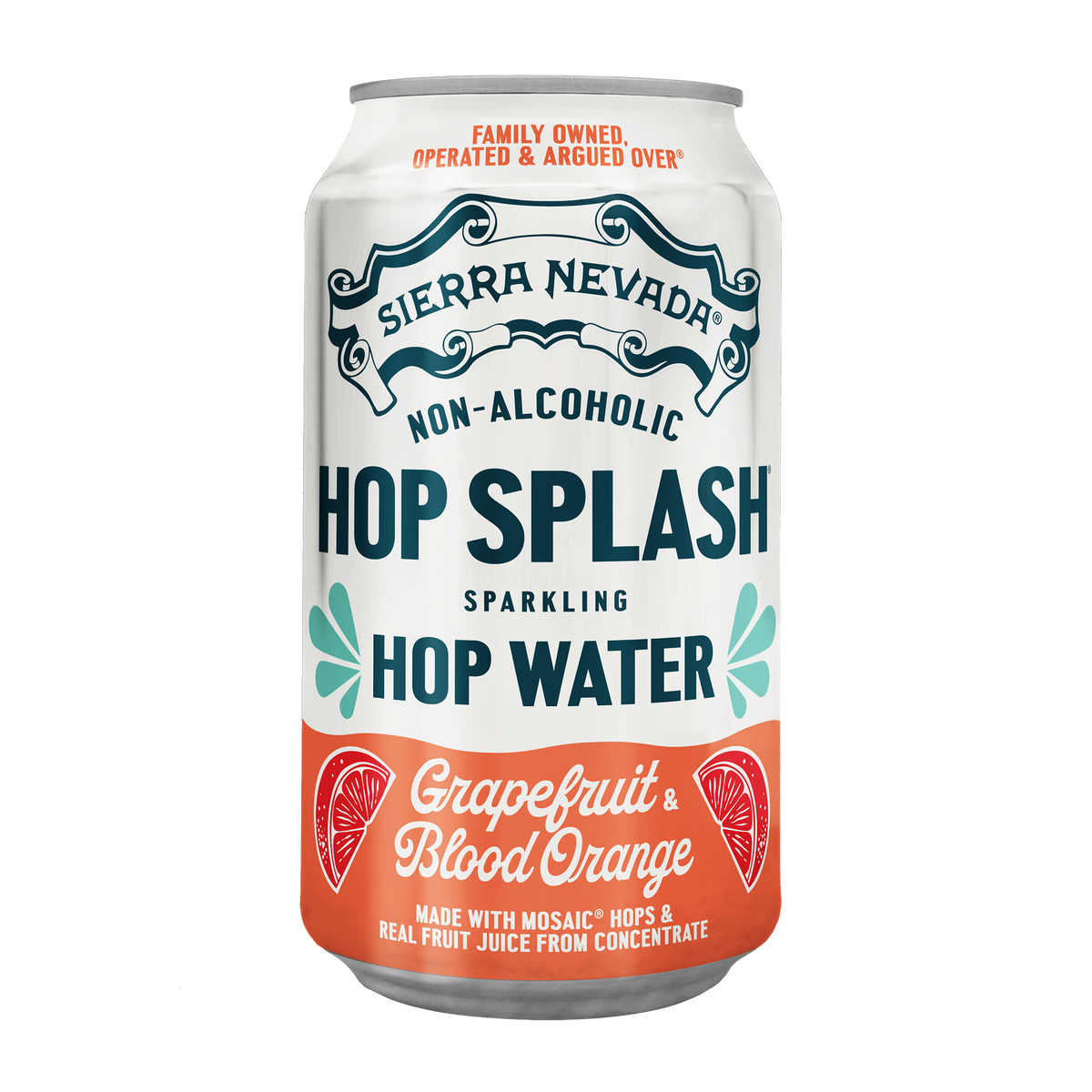 A single can of Sierra Nevada Hop Splash Non-Alcoholic Hop Water, Grapefruit & Blood Orange flavor, shown on a clean white background.