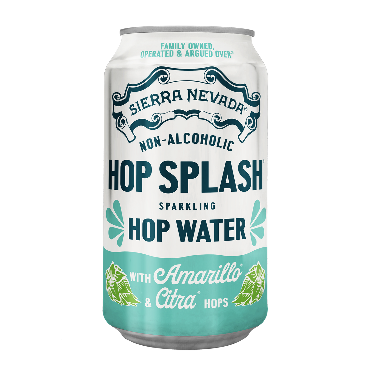 A 16 oz aluminum can of Sierra Nevada Hop Splash Sparkling Hop Water with Amarillo & Citra hops, featuring a white label with teal and navy text and graphics on a white background.