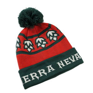 Thumbnail of Red knit beanie with green pom-pom and white leaf patterns on a white background
