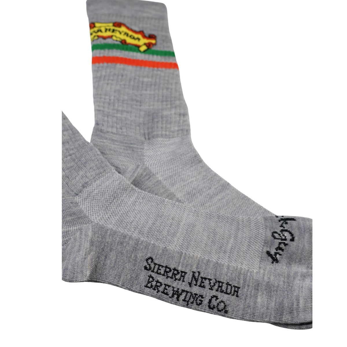 Gray sock with Sierra Nevada Brewing Co. branding on a white background