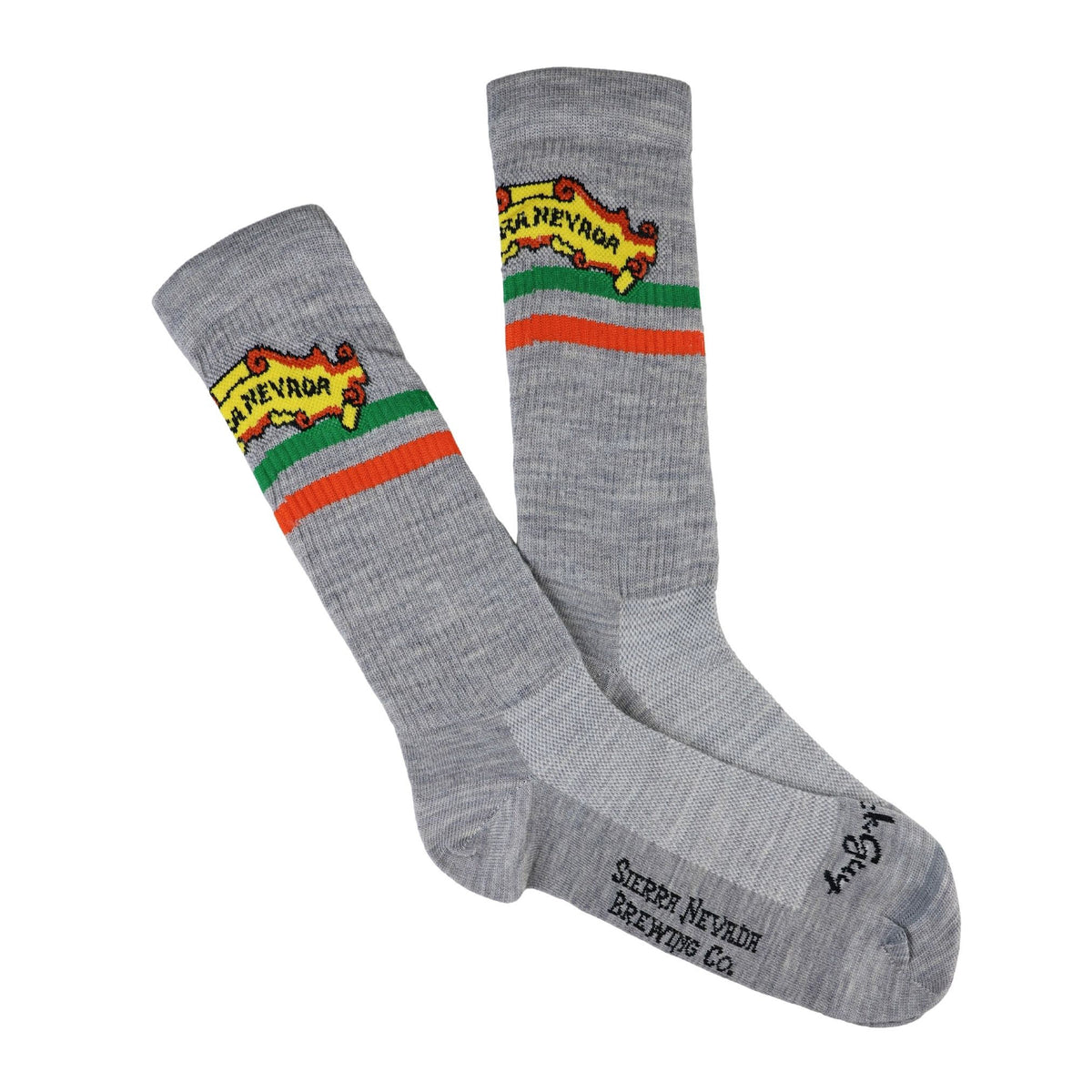 Gray socks with colorful designs and text on a white background