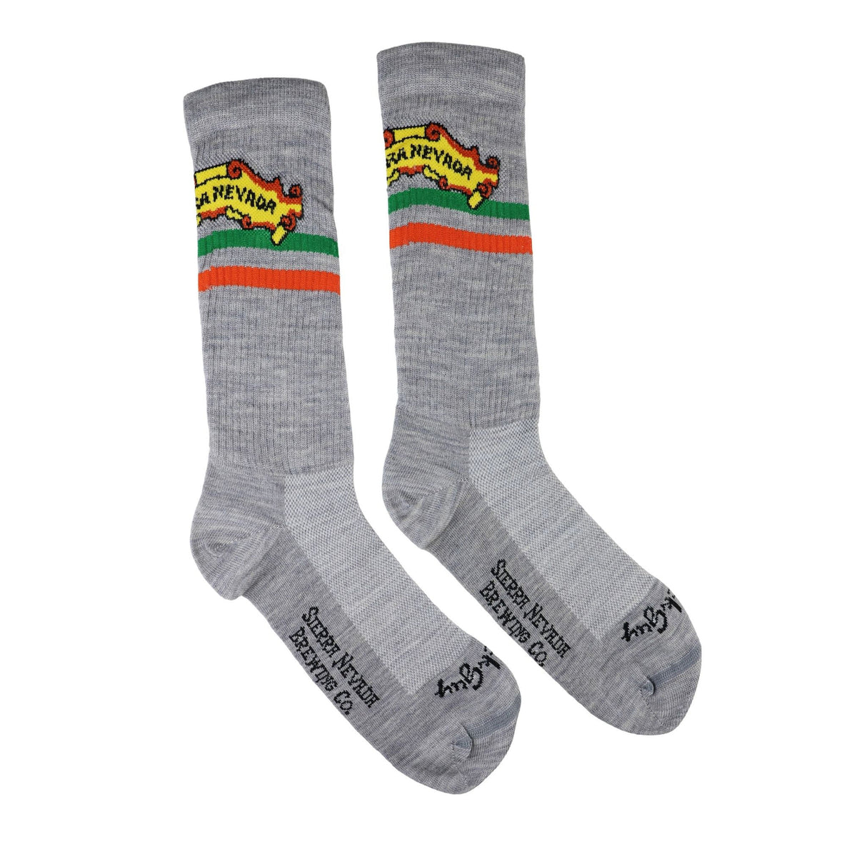 Gray socks with colorful stripes and branding on a white background