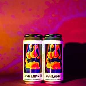 Thumbnail of Two aluminum beverage cans labeled 'LAVA LAMP' standing upright against a vividly lit splattered background in pink, orange, and purple tones.