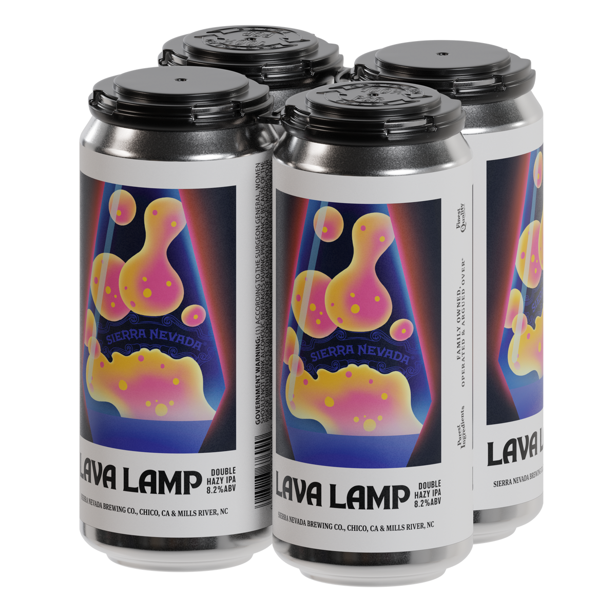 Four aluminum craft beer cans arranged in a 2x2 cluster on a white background. The cans feature a white label with a colorful lava lamp graphic in pink, orange, and yellow on a dark blue background, with the text 'LAVA LAMP' and 'SIERRA NEVADA'.