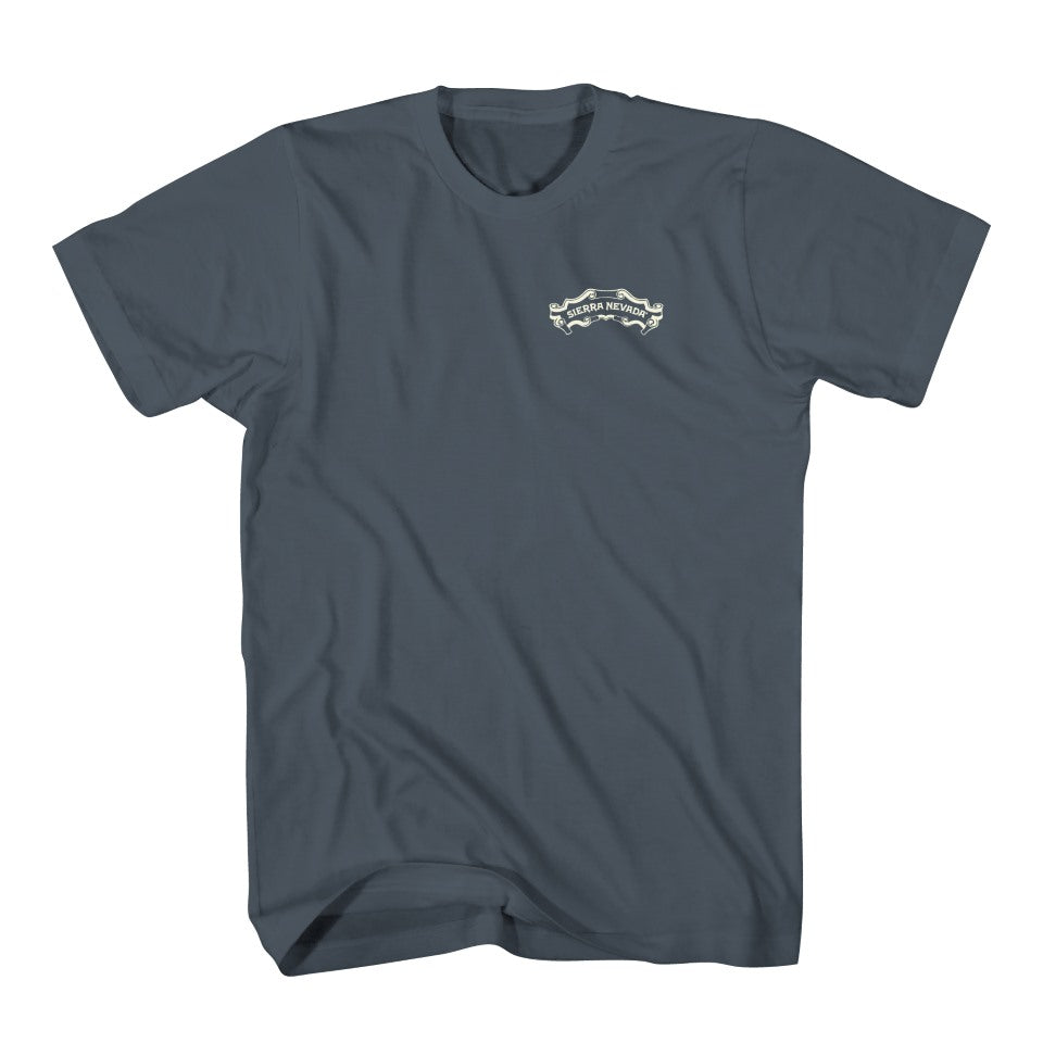 Navy blue t-shirt with a white logo on a white background