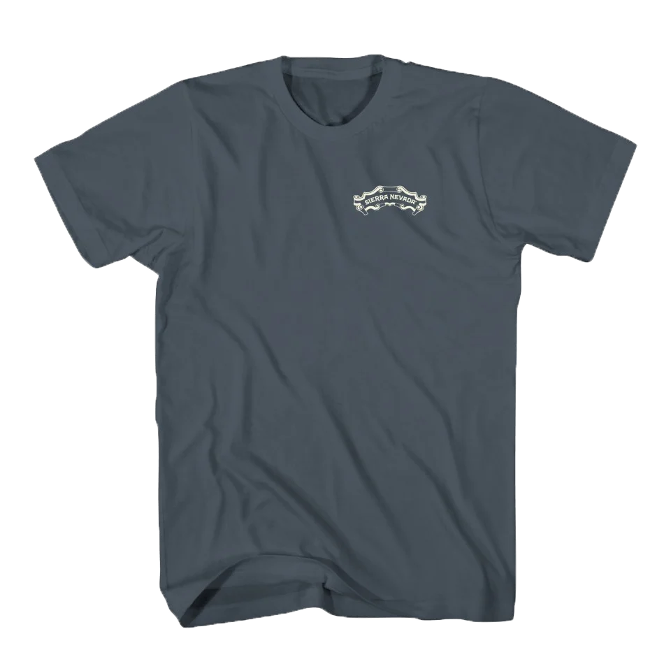 Gray t-shirt with a logo on the chest against a white background