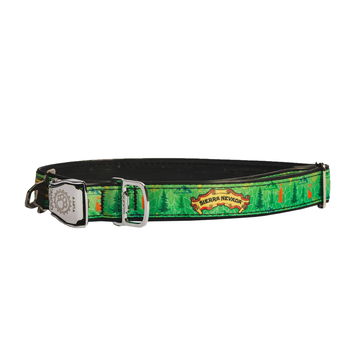 A green dog collar featuring a forest pattern, a brass buckle, and a silver-toned keeper with the brand name 'Sierra Nevada' on a gold label.