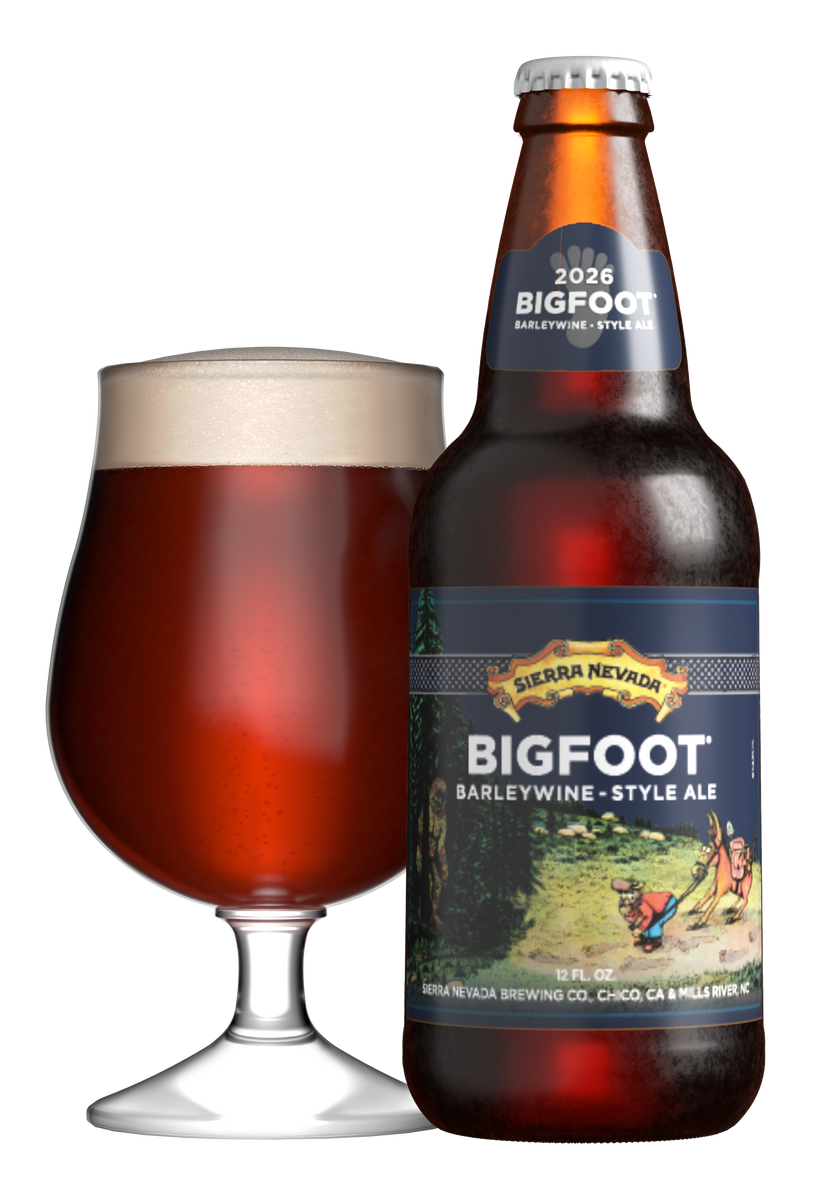 Sierra Nevada Bigfoot Barleywine-style ale bottle with a glass of beer on a white background