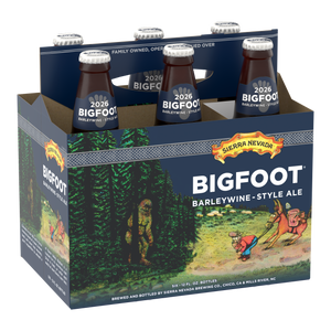 Thumbnail of Six-pack of Sierra Nevada Bigfoot Barleywine-style ale with cartoon illustrations on a white background.
