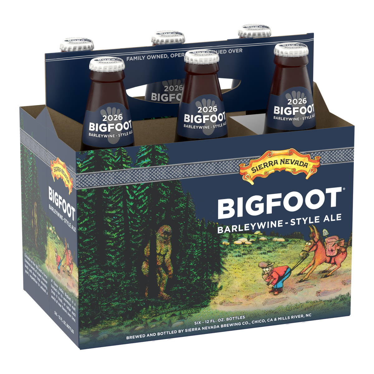 Six-pack of Sierra Nevada Bigfoot Barleywine-style ale with cartoon illustrations on a white background.