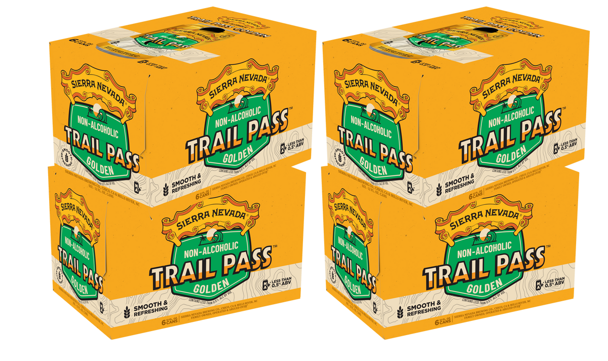 Four boxes of Sierra Nevada Trail Pass non-alcoholic beer on a white background