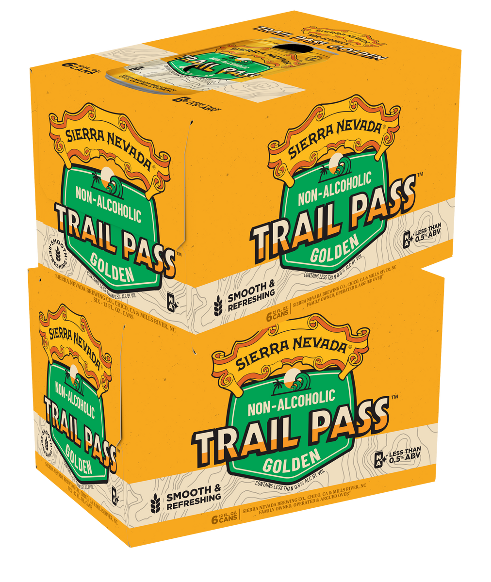 Box of Sierra Nevada Trail Pass Golden non-alcoholic beer on a white background