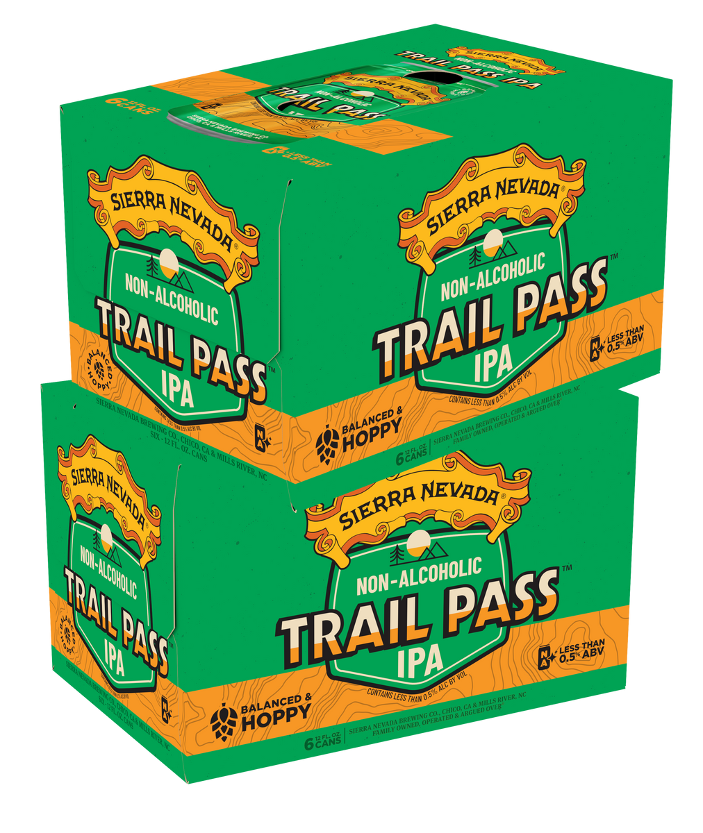 Packaging of Sierra Nevada Trail Pass IPA non-alcoholic beer on a white background