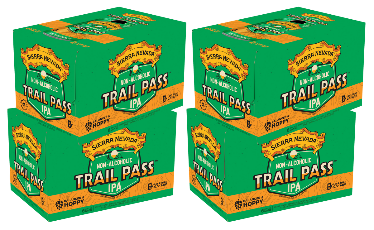 Four boxes of Sierra Nevada Trail Pass IPA non-alcoholic beer on a white background