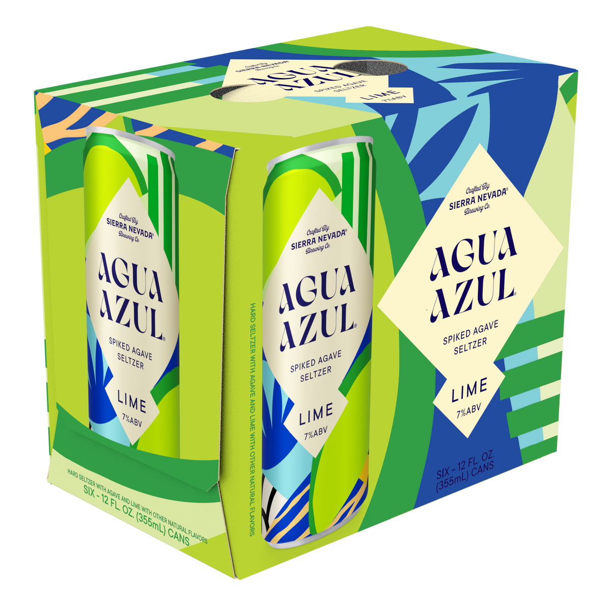 Packaging of Agua Azul Lime spiked agave seltzer with green and blue design.