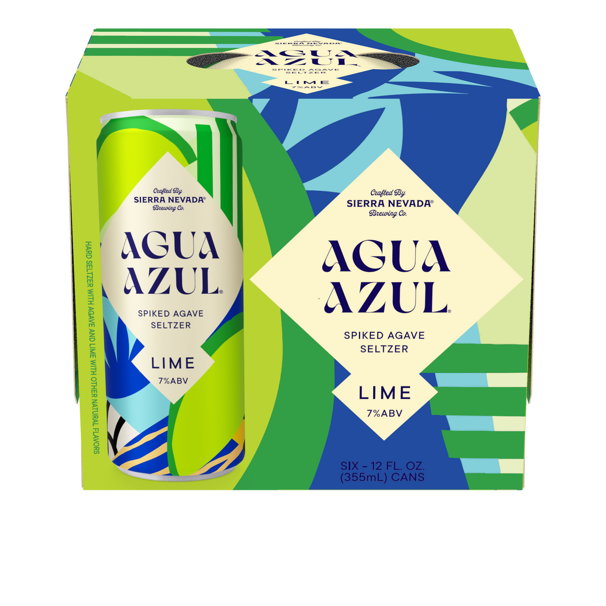 Agua Azul spiked agave seltzer lime packaging with a can on a white background