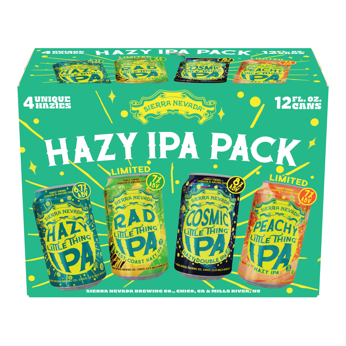 Box of Sierra Nevada Hazy IPA Pack with four different IPA cans on a green background