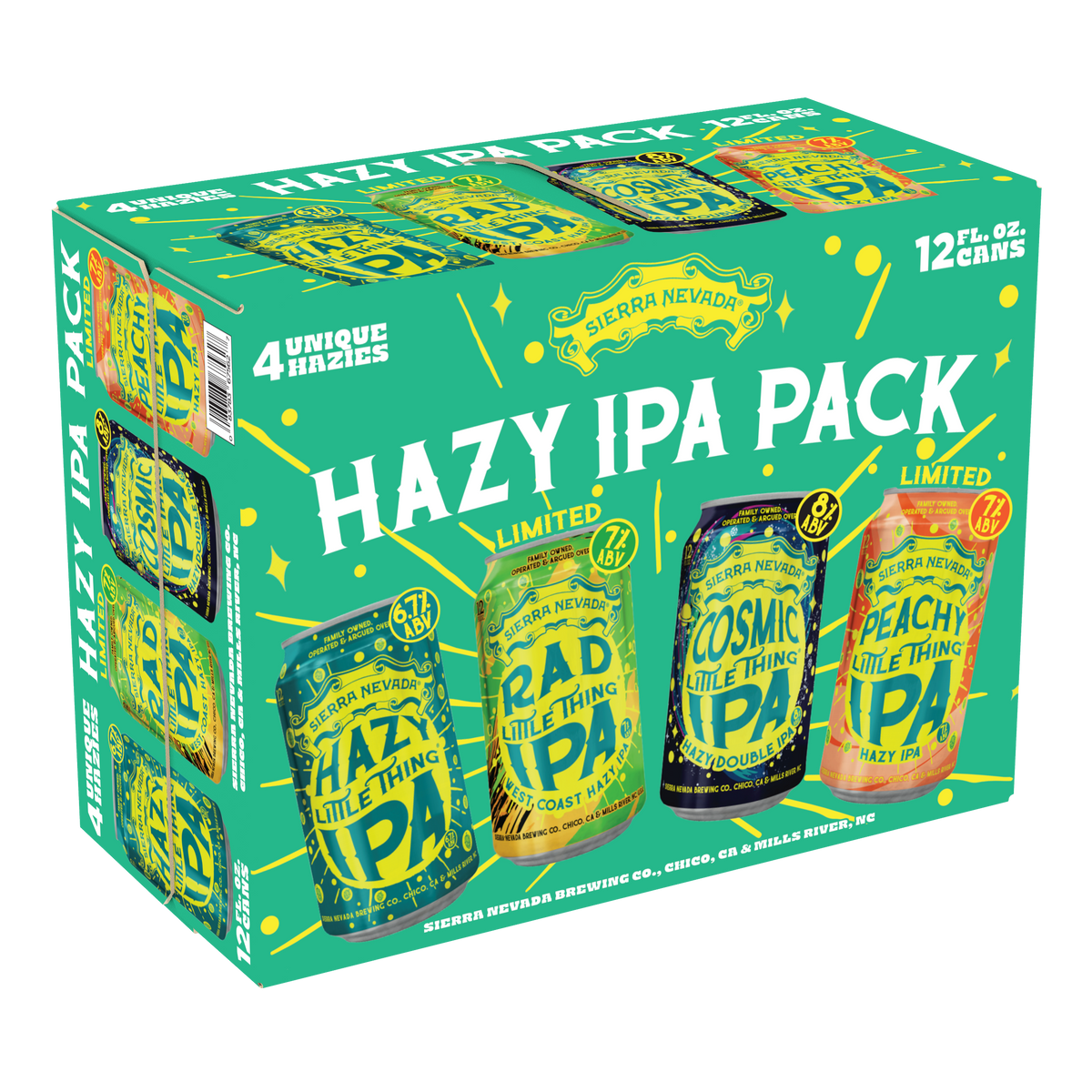Box of Sierra Nevada Hazy IPA Pack with multiple beer cans on a green background