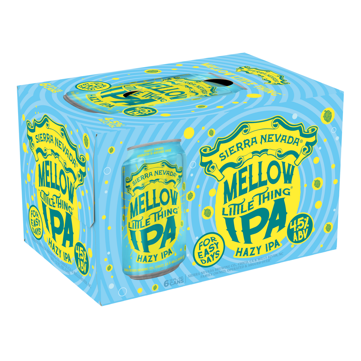 Pack of Sierra Nevada Mellow Little Thing IPA cans with blue and yellow design.