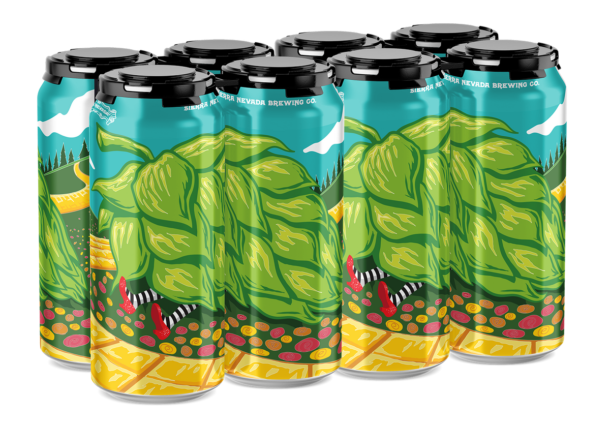 Set of eight beer cans with hop design on a white background