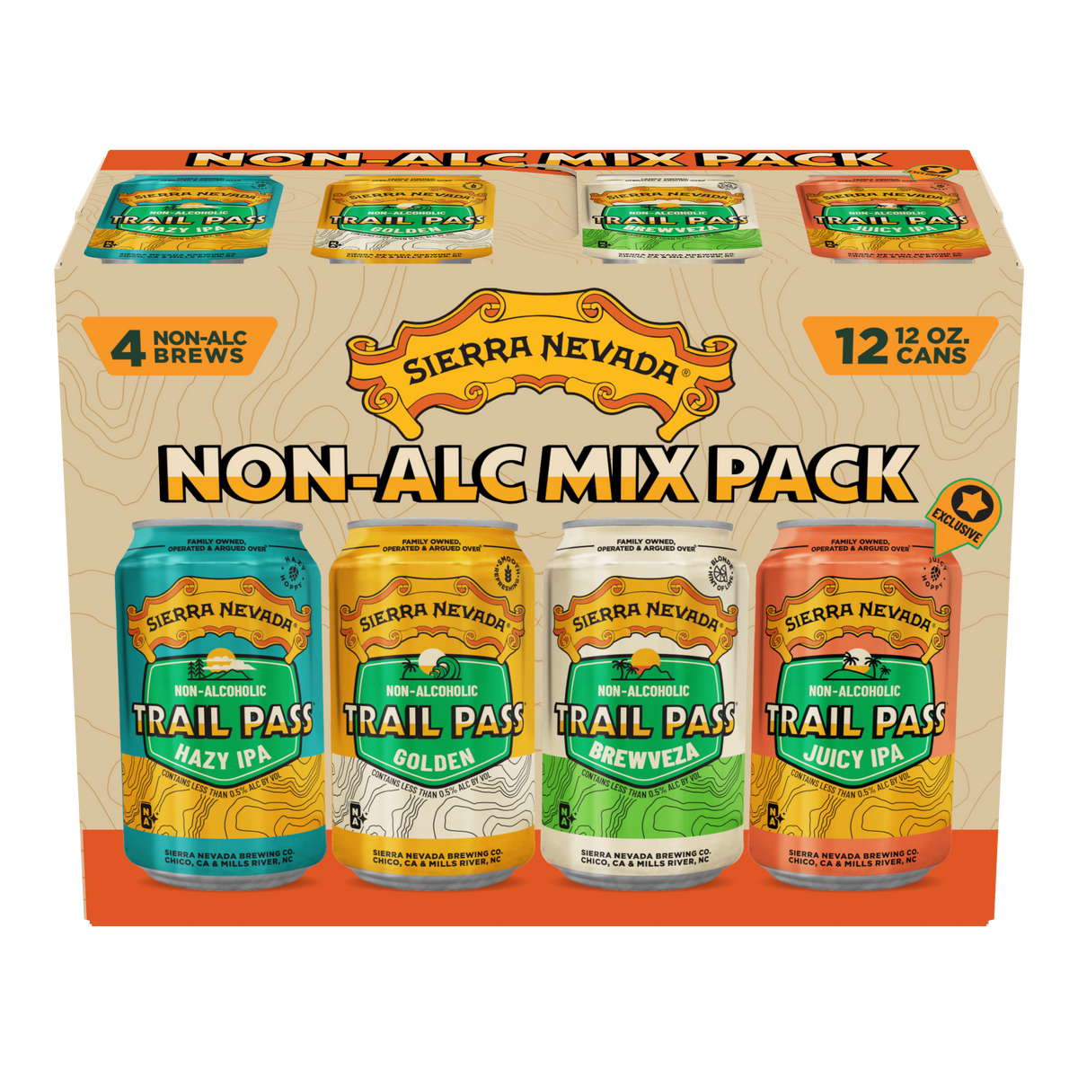 Sierra Nevada Non-Alc Mix Pack with four different beer cans on a beige background