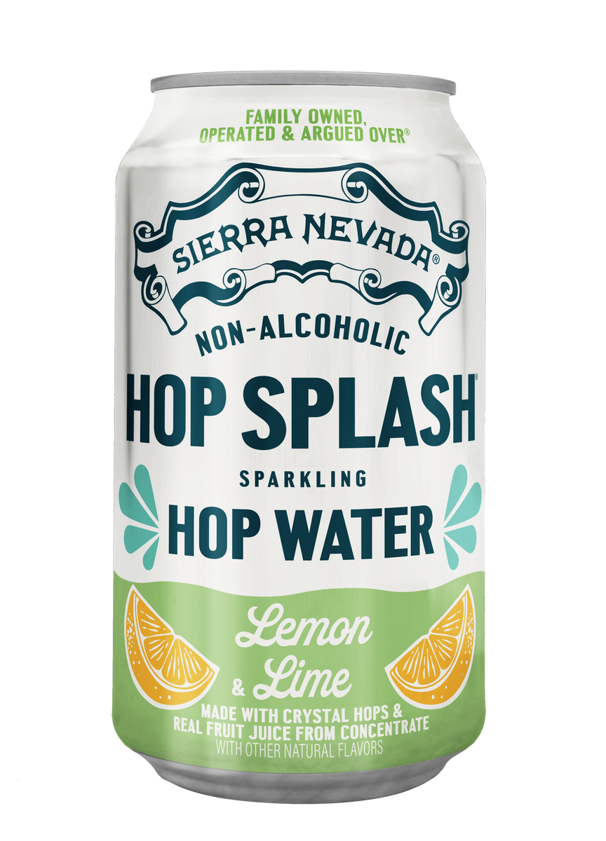 Sierra Nevada Non-Alcoholic Hop Splash Sparkling Hop Water can with lemon and lime design on a white background