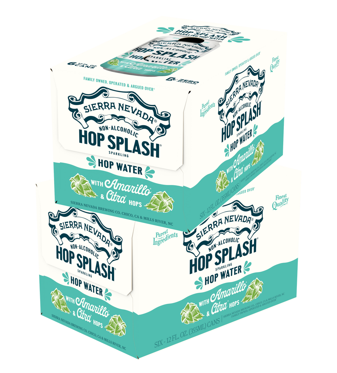 Packaging of Sierra Nevada Hop Splash non-alcoholic hop water on a white background
