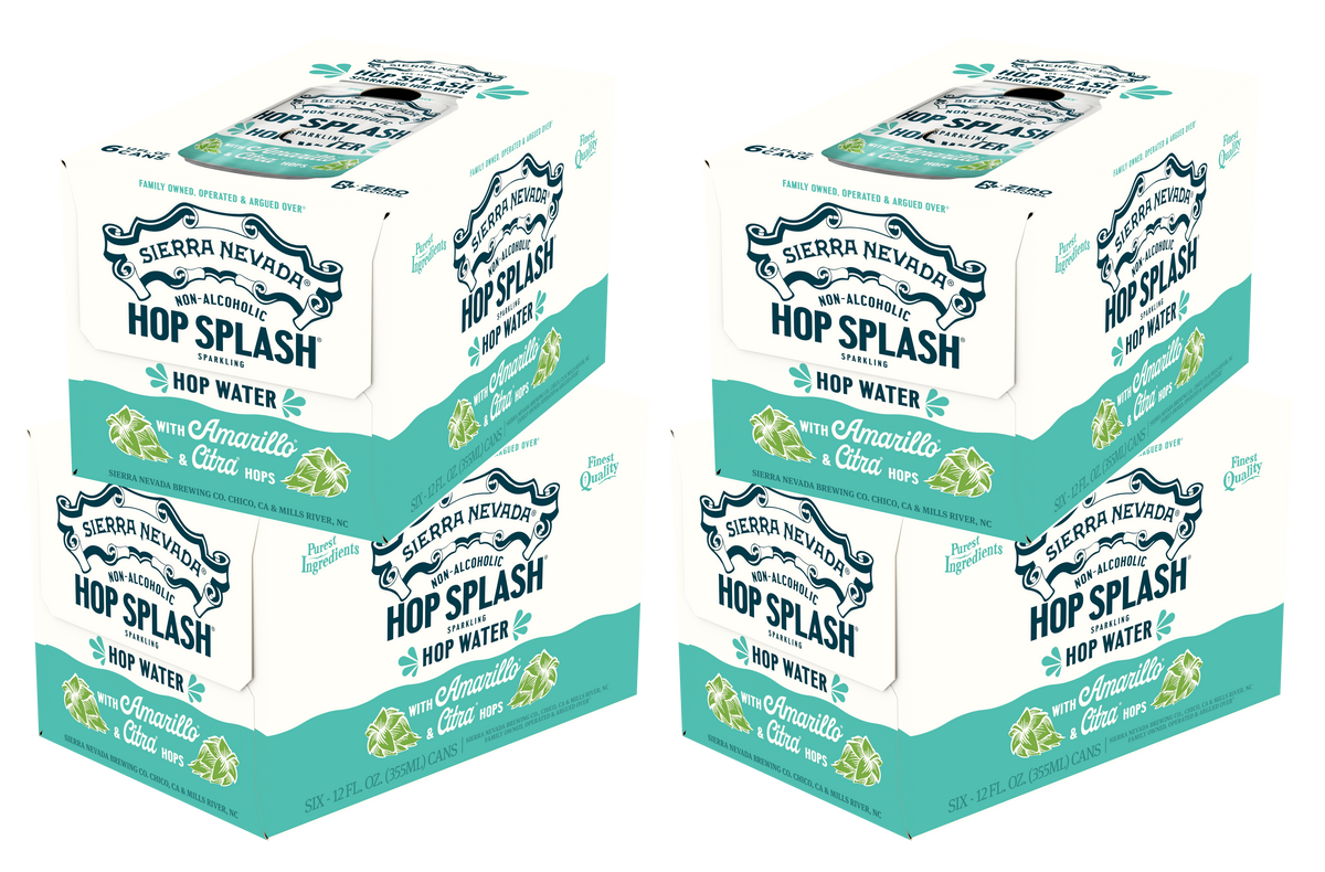 Two boxes of Sierra Nevada Hop Splash hop water on a white background